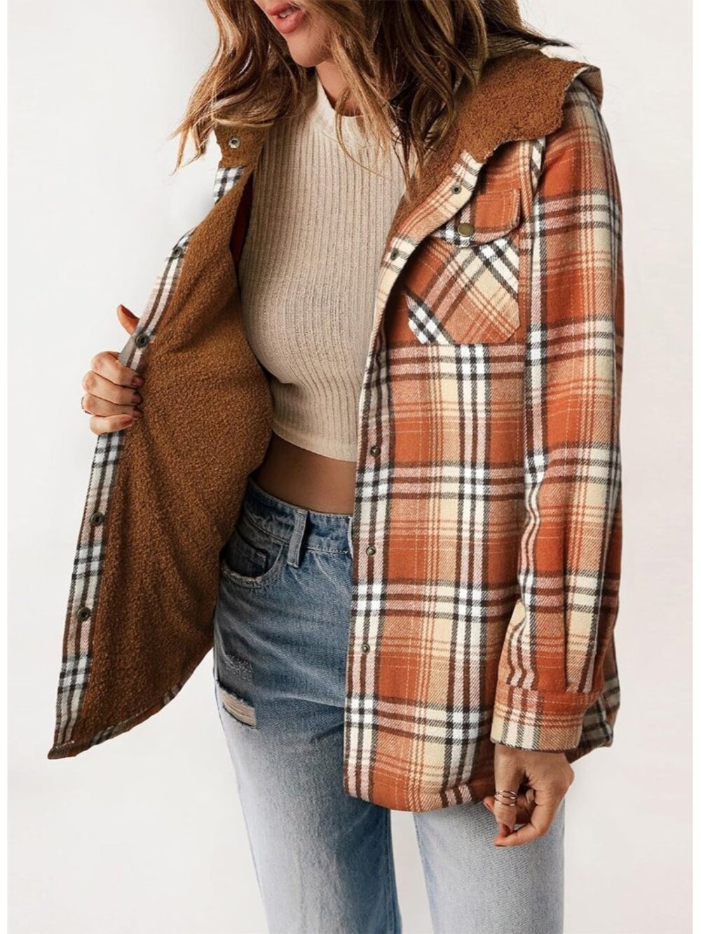 〽️Women's Orange Plaid Fleece Lined Hooded Shacket with Pockets - Picture 2 of 6